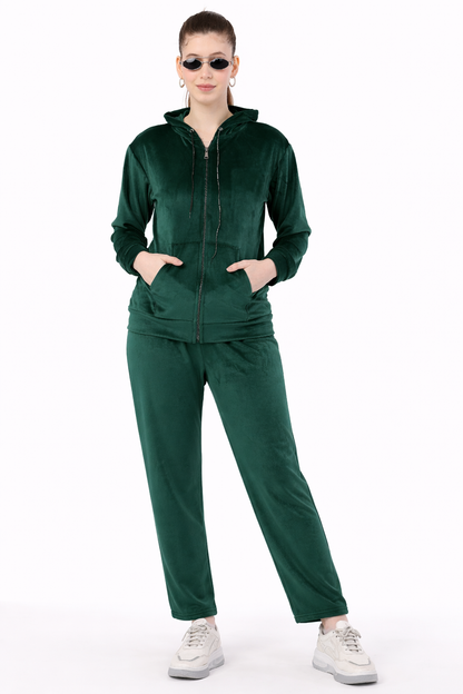 Women’s Velvet Hooded Tracksuit Set – Zip-Up Jacket & Pants