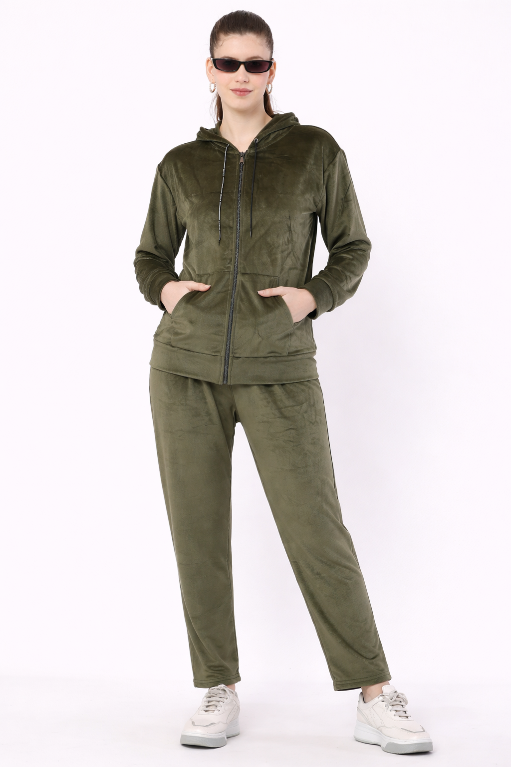 Women’s Velvet Hooded Tracksuit Set – Zip-Up Jacket & Pants