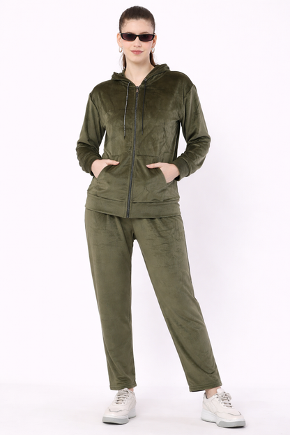 Women’s Velvet Hooded Tracksuit Set – Zip-Up Jacket & Pants