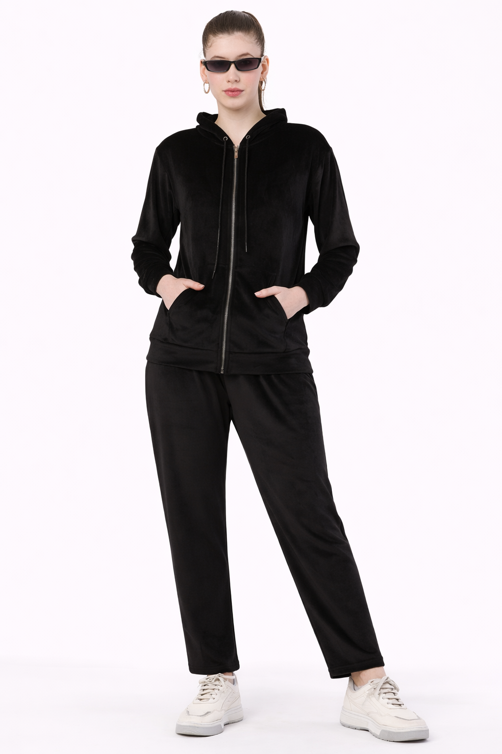 Women’s Velvet Hooded Tracksuit Set – Zip-Up Jacket & Pants