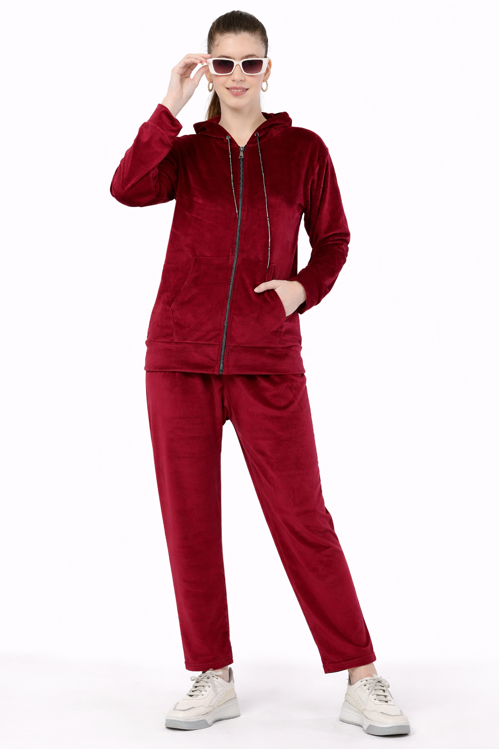 Women’s Velvet Hooded Tracksuit Set – Zip-Up Jacket & Pants