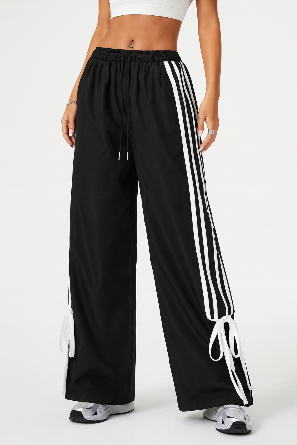 Wide Leg Parachute Pants, High Rise, Drawstring Elastic Waist, Black with White Stripes