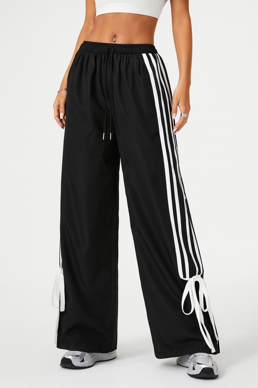 Wide Leg Parachute Pants, High Rise, Drawstring Elastic Waist, Black with White Stripes