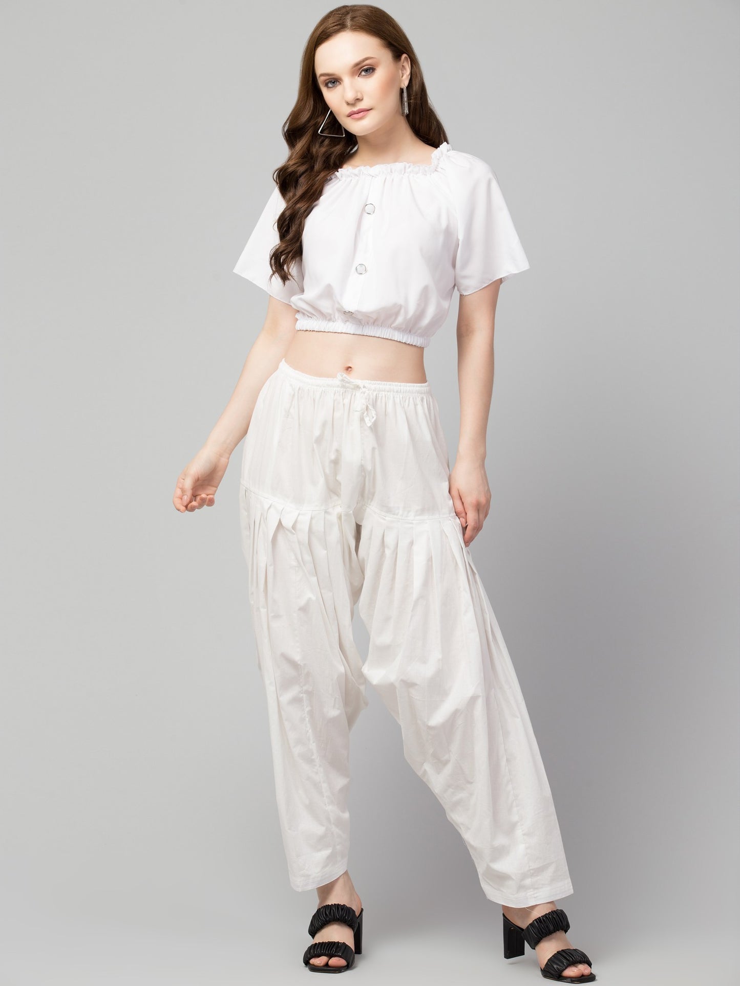 Women's Pleated Patiala Pants, Cotton, Drawstring Waist, Full Length, Regular Fit