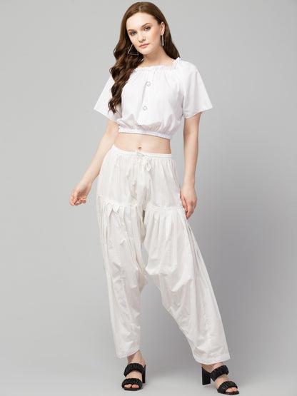 Women's Pleated Patiala Pants, Cotton, Drawstring Waist, Full Length, Regular Fit