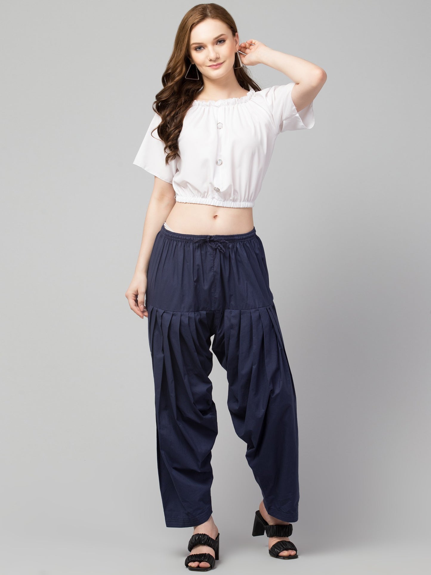 Women's Pleated Patiala Pants, Cotton, Drawstring Waist, Full Length, Regular Fit