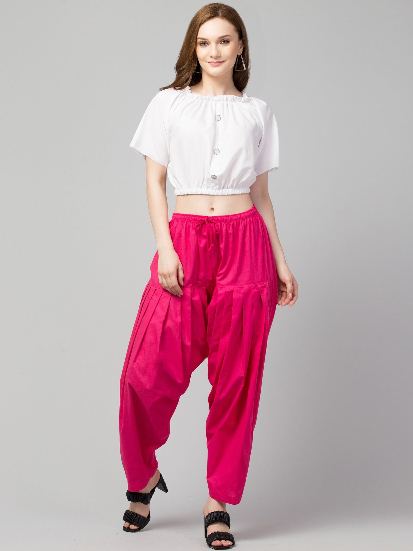 Women's Pleated Patiala Pants, Cotton, Drawstring Waist, Full Length, Regular Fit