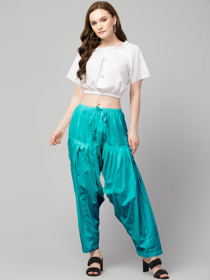Women's Pleated Patiala Pants, Cotton, Drawstring Waist, Full Length, Regular Fit