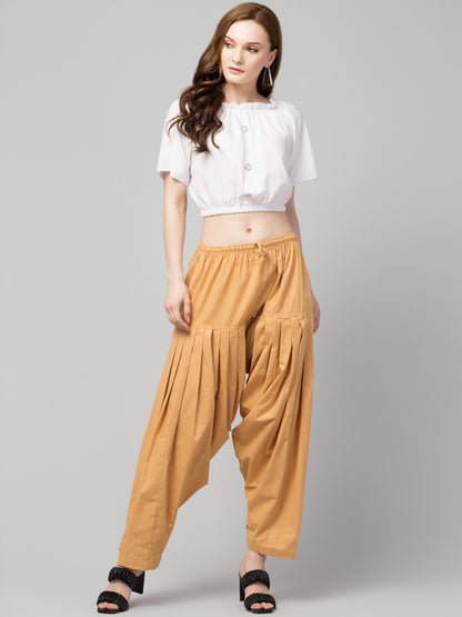 Women's Pleated Patiala Pants, Cotton, Drawstring Waist, Full Length, Regular Fit