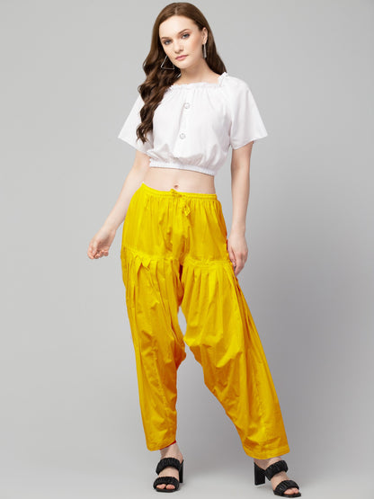Women's Pleated Patiala Pants, Cotton, Drawstring Waist, Full Length, Regular Fit