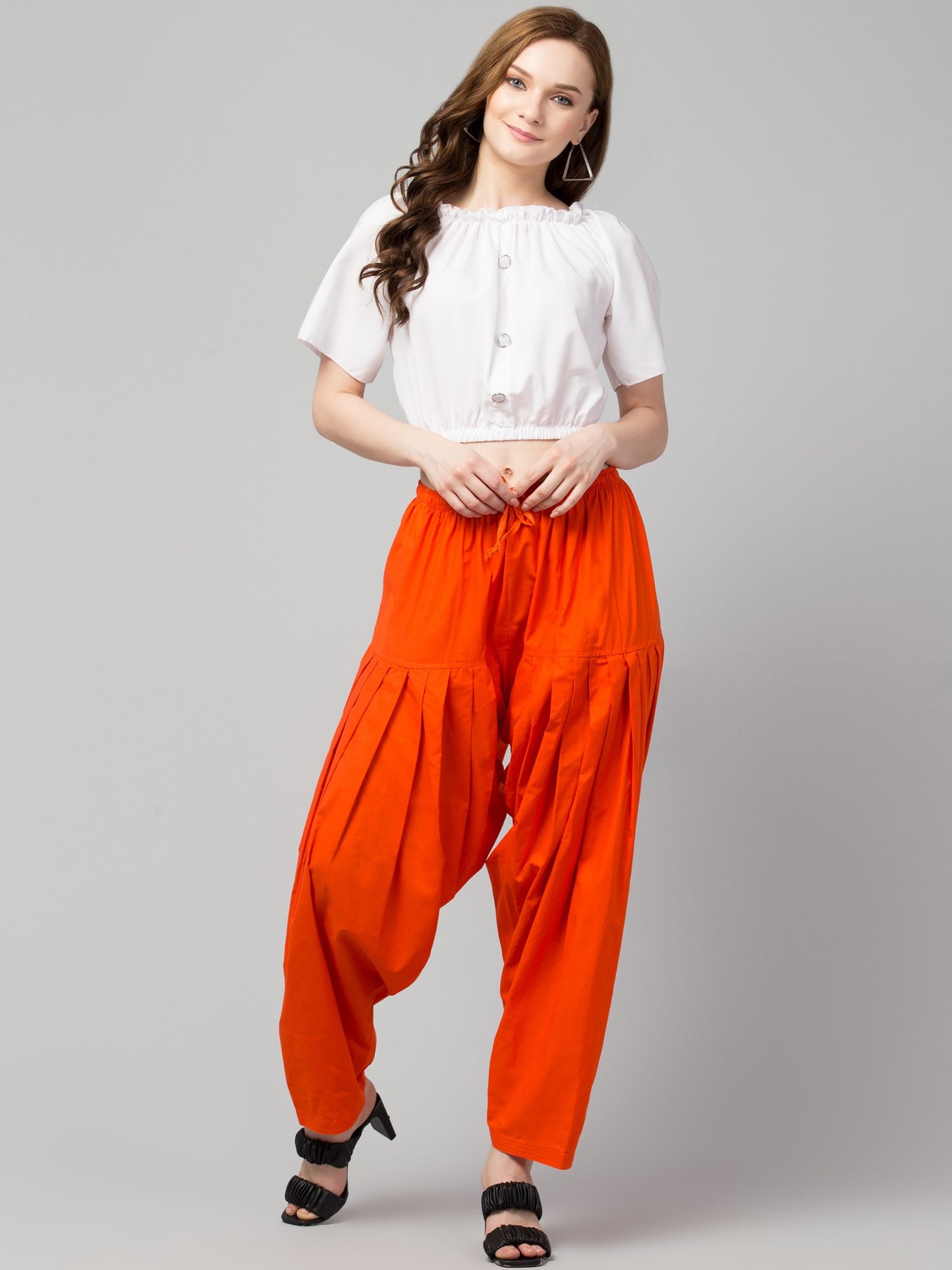 Women's Pleated Patiala Pants, Cotton, Drawstring Waist, Full Length, Regular Fit