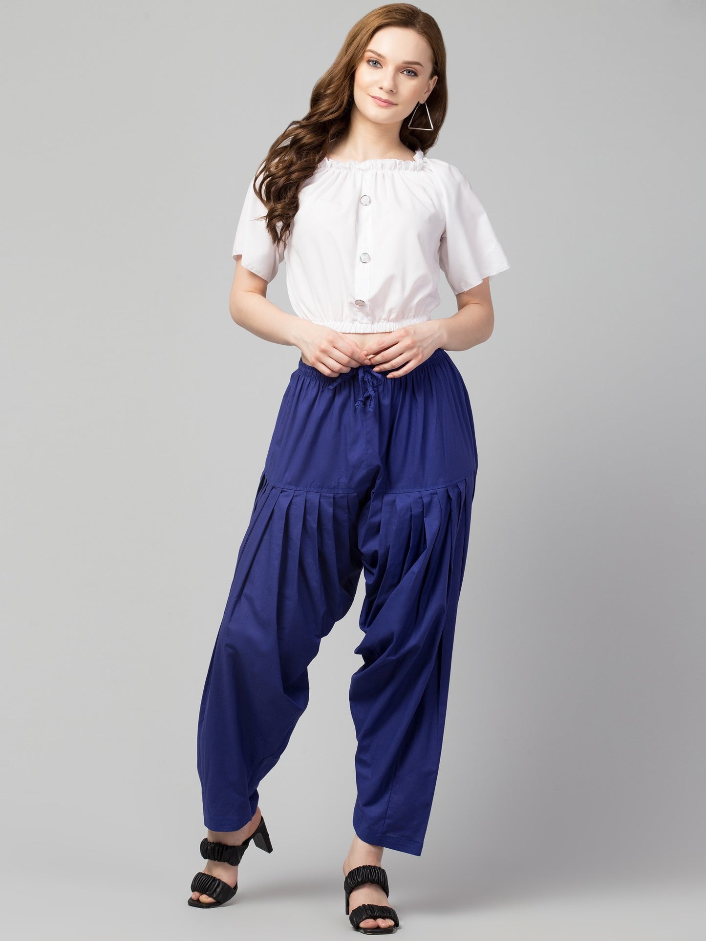 Women's Pleated Patiala Pants, Cotton, Drawstring Waist, Full Length, Regular Fit