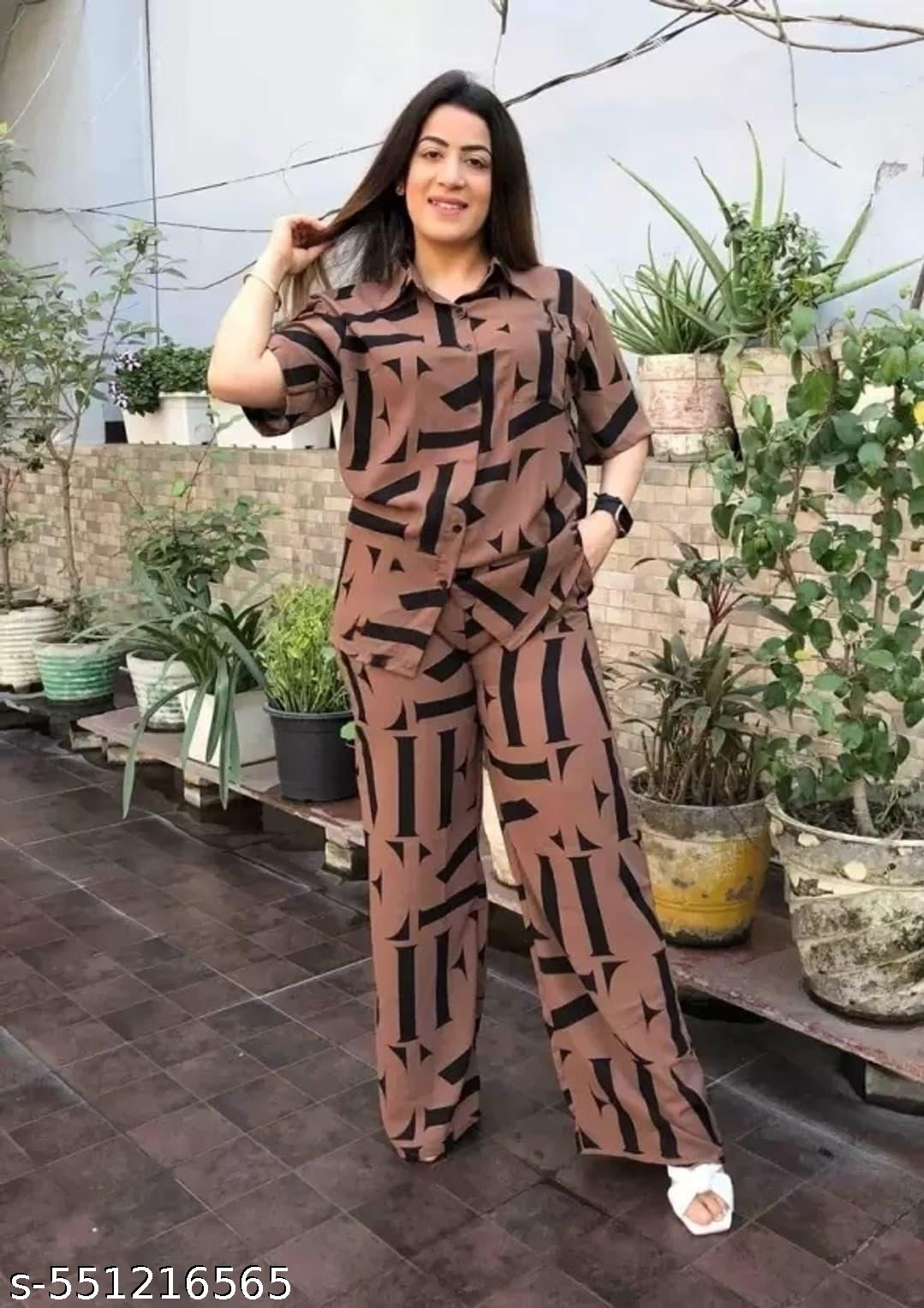 Women's Brown Geometric Print Co-ord Set (Shirt & Wide-Leg