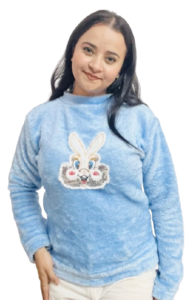 Women’s White Plush Fleece Sweater with Cute Cat Face Embroidery & Red Bow