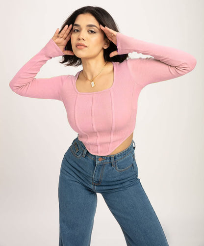 Women's Ribbed Corset Curved Hem Tops