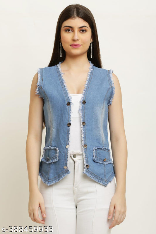 Sleeveless Denim Vest for Women, Frayed Edge Design