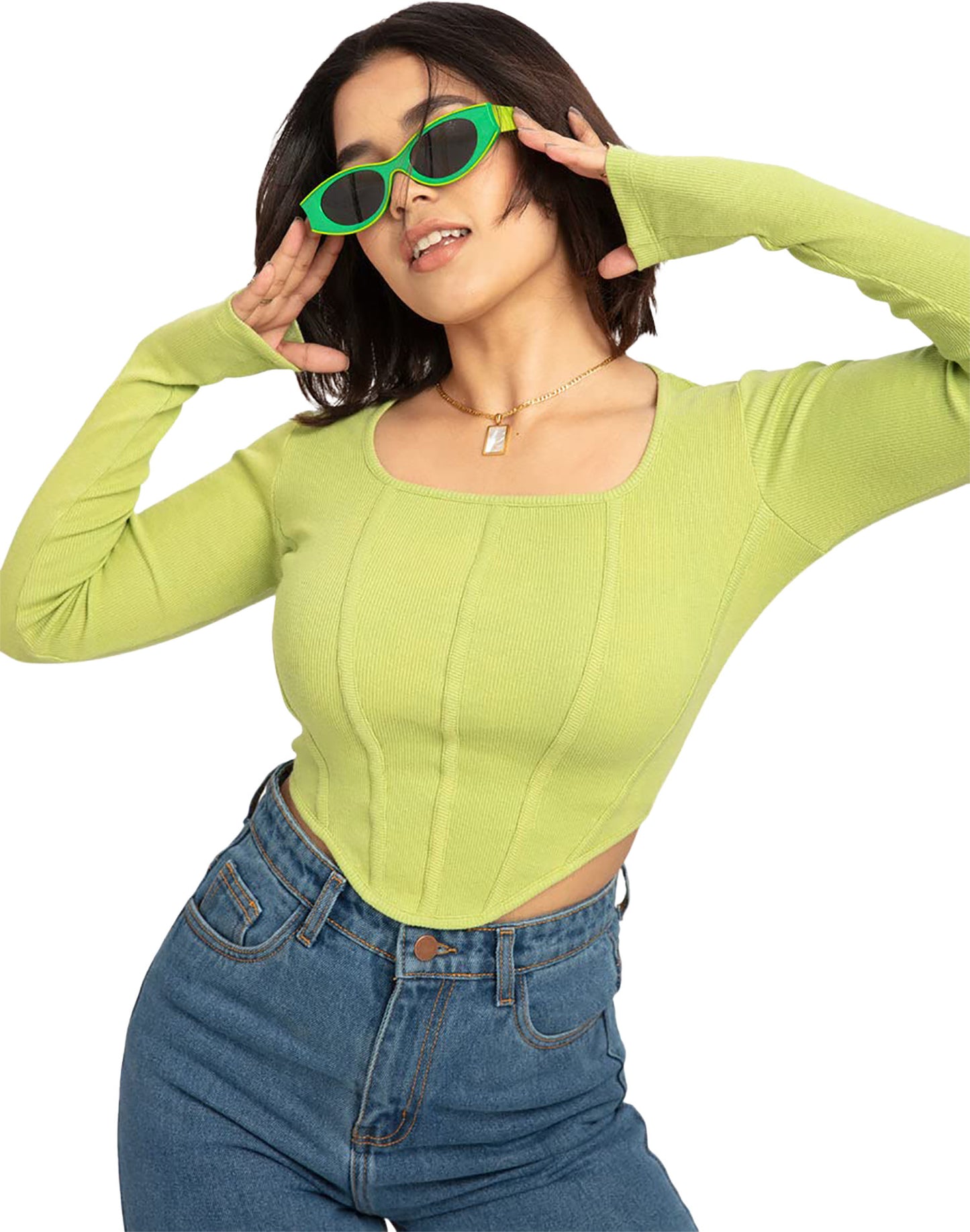 Women's Ribbed Corset Curved Hem Tops