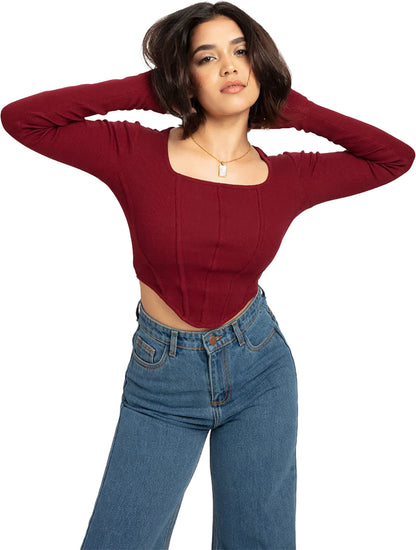 Women's Ribbed Corset Curved Hem Tops