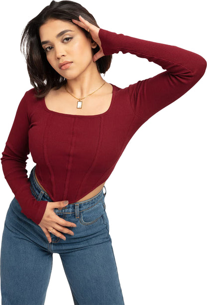 Women's Ribbed Corset Curved Hem Tops