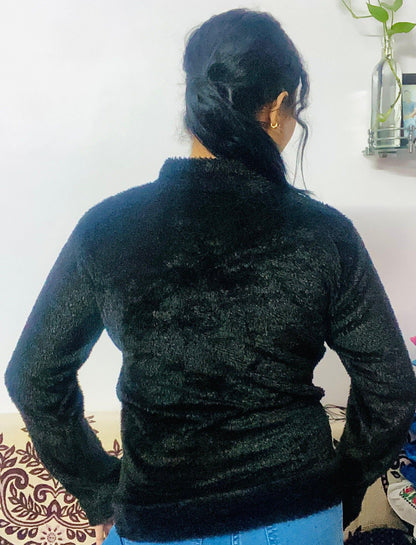 Women’s White Plush Fleece Sweater with Cute Cat Face Embroidery & Red Bow