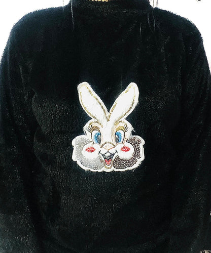 Women’s White Plush Fleece Sweater with Cute Cat Face Embroidery & Red Bow